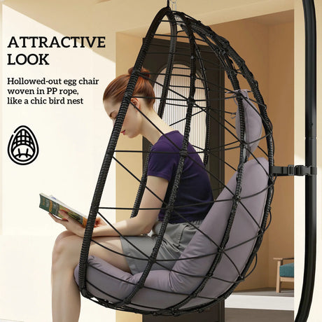 Outsunny Hanging Egg Chair Outdoor Indoor Garden Swing Chair with Folding Basket, Thickened Cushion, Garden Hanging Chair with Stand, Headrest for Patio, Balcony, Grey