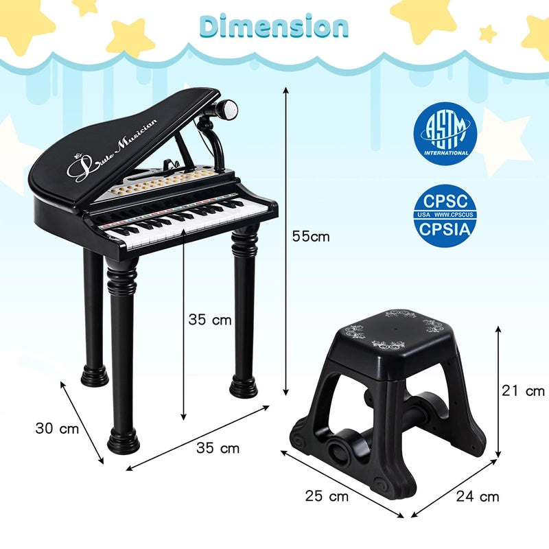 31 Keys Kids Piano Keyboard with Stool, Microphone and Piano Lid-Black