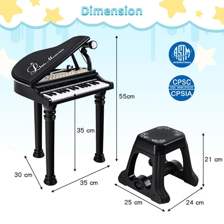 31 Keys Kids Piano Keyboard with Stool, Microphone and Piano Lid-Black
