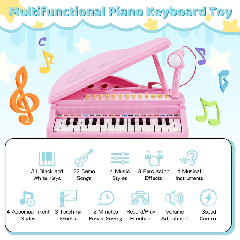 31 Keys Kids Piano Keyboard with Stool, Microphone and Piano Lid-Pink