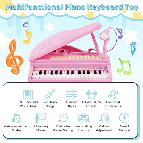 31 Keys Kids Piano Keyboard with Stool, Microphone and Piano Lid-Pink