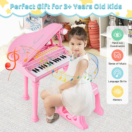 31 Keys Kids Piano Keyboard with Stool, Microphone and Piano Lid-Pink