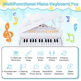 31 Keys Kids Piano Keyboard with Stool, Microphone and Piano Lid-White