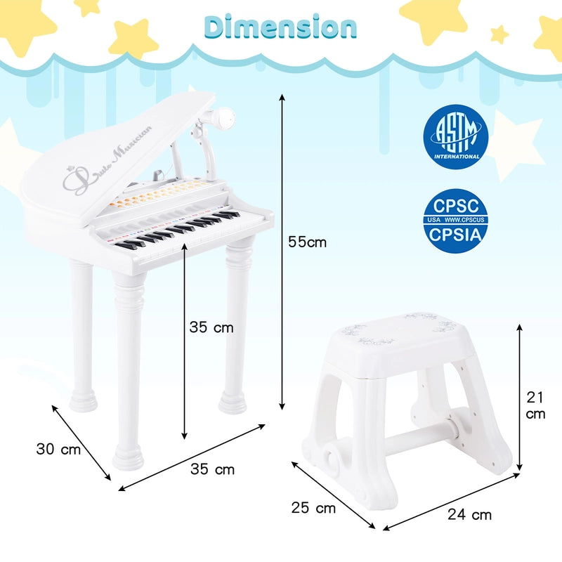 31 Keys Kids Piano Keyboard with Stool, Microphone and Piano Lid-White