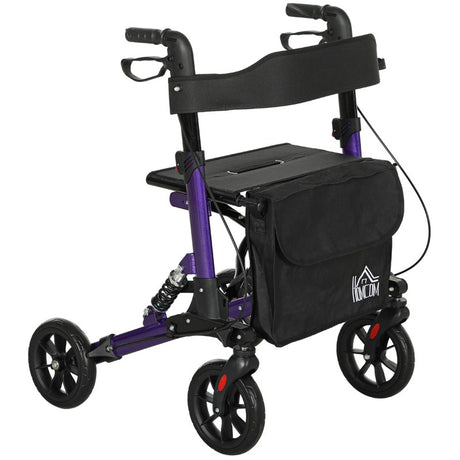 HOMCOM Folding Rollator Walker with Seat, Backrest, Lightweight Walking Frame with Storage Bag, Dual Brakes, Adjustable Handle Height, Suspension System, 4 Wheeled Walker for Seniors, Purple