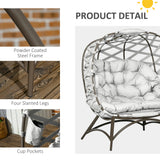 Outsunny 2 Seater Egg Chair Outdoor, Folding Weave Garden Furniture Chair with Cushion, Cup Pockets - Light Grey