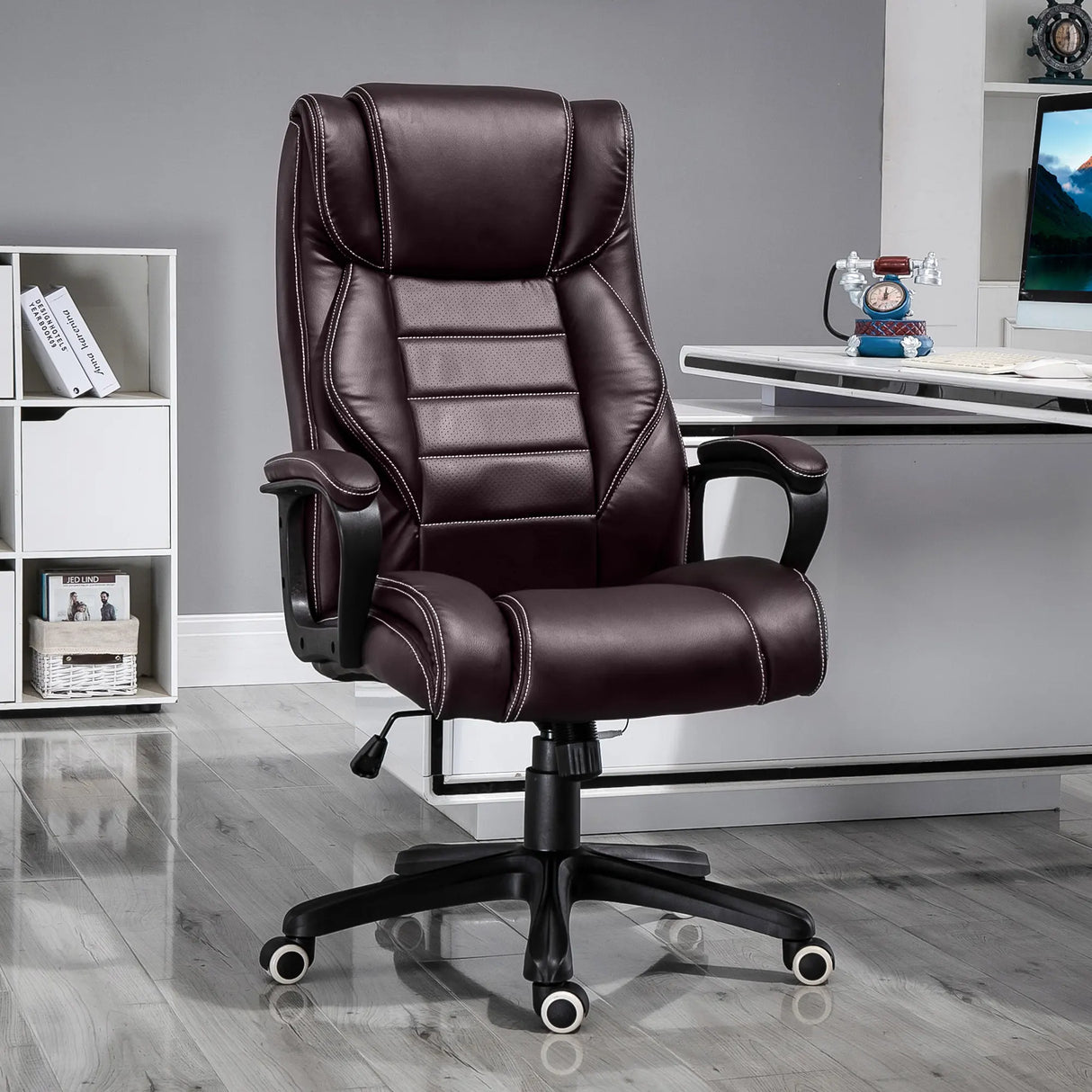 Vinsetto Office Chair with 6-Point Maaage, PU Desk Chair with Padded Seat and Armrest, Computer Chair with Tilt Function for Home, Brown