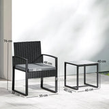 Outsunny Rattan Bistro Set, 3 Piece Garden Furniture Set with Glass Top Table and Cushions, Light Grey