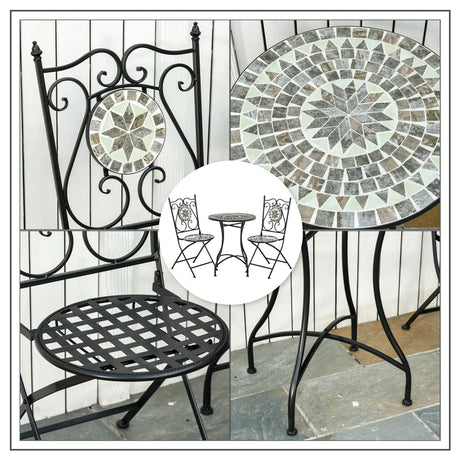 Outsunny 3 Pcs Mosaic Tile Garden Bistro Set Outdoor Seating w/ Table 2 Folding Chairs Set Metal Frame Elegant Scrolling Indoor Patio Balcony