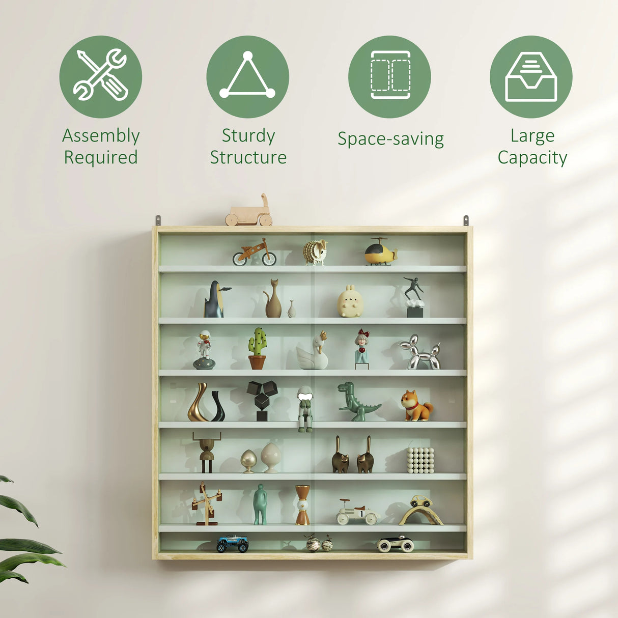HOMCOM 7-Tier Wall Display Shelf Unit Cabinet w/ 6 Adjustable Shelves Glass Doors Home Office Ornaments 83x80cm, Oak