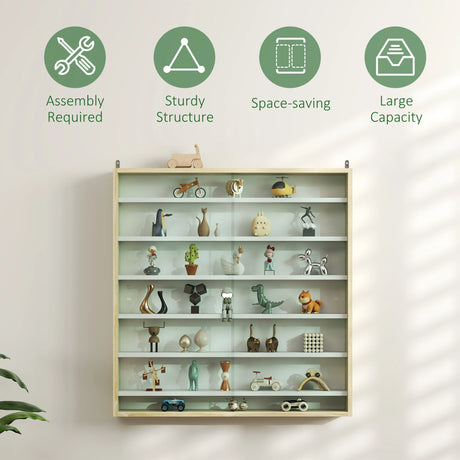 HOMCOM 7-Tier Wall Display Shelf Unit Cabinet w/ 6 Adjustable Shelves Glass Doors Home Office Ornaments 83x80cm, Oak