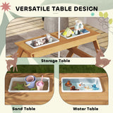 AIYAPLAY Kids Picnic Table, Sand and Water Table with Wooden Benches, Adjustable Parasol and Storage Bins, Multicolour