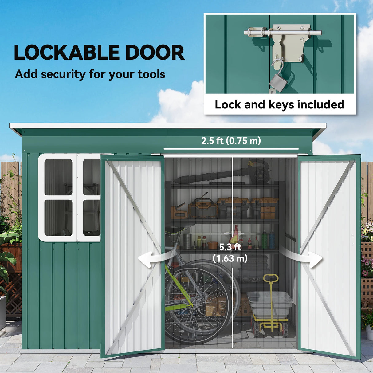 Outsunny 8.5 x 6ft Storage Shed Galvanised Steel Garden Shed, Metal Shed with Foundation Kit, Window, Lockable Wide Doors and Air Vents for Outdoor Patio, Green