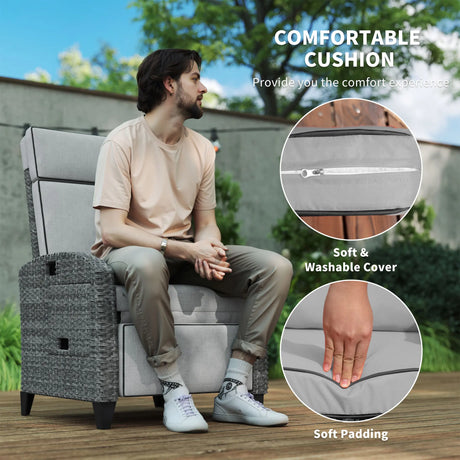 Outsunny Outdoor Recliner Chair with Adjustable Backrest and Footrest, Cushion, Side Tray, Light Grey/Grey