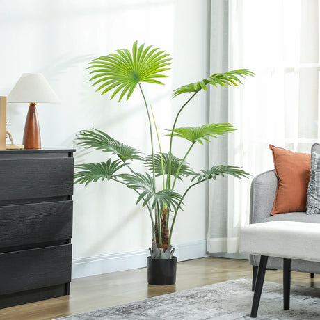 HOMCOM 145cm Artificial Palm Tree, Decorative Artificial Plant with Lifelike PEVA Leaves and Coconut Coir, Fake Tree with Plastic Pot and Flocking for Home Office Decor, Green