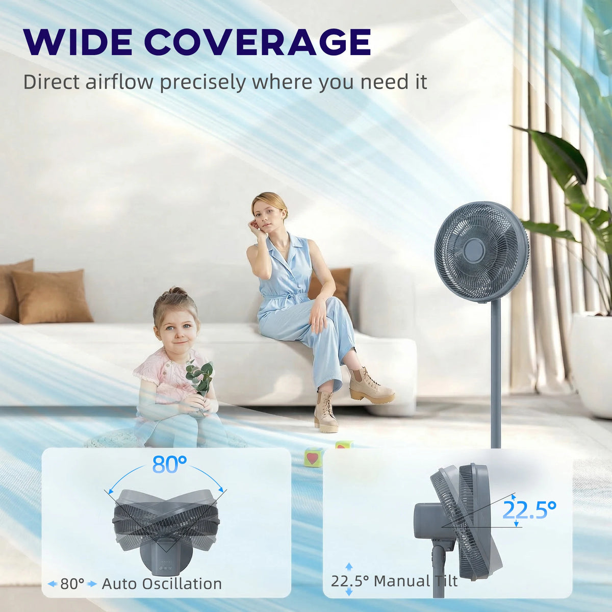 HOMCOM 40 cm Standing Fan, Cooling Floor Fan with 80 Oscillating, Adjustable Tilt and Height, 4 Speed, Remote Control, Grey