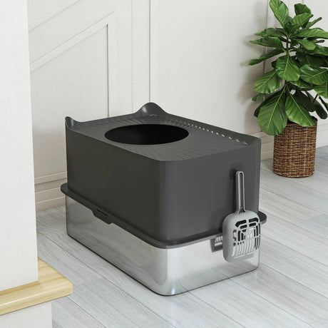 PawHut Stainless Steel Cat Litter Tray, Extra Large Enclosed Litter Box with Scoop, Top Entrance, Non-slip Pads, Dark Grey