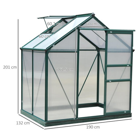 Outsunny 6 x 4ft Polycarbonate Greenhouse, Large Walk-In Green House with Slide Door and Window, Garden Plants Grow House with Aluminium Frame and Foundation, Dark Green