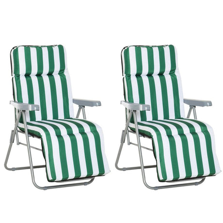 Outsunny 2 Pieces Outdoor Sun Lounger Set with Cushions, Patio Folding 5-Level   Adjustable Backrest Recliner Chairs Set of 2 with High Backrest and Armrests, Green & White