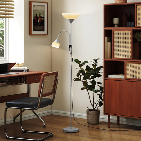 HOMCOM LED Floor Lamp for Living Room, 180cm Tall Standing Lamp, Mother and Child Uplighter with Adjustable Gooseneck, 3000K/4500K/6500K Colour Temperatures, Silver Tone