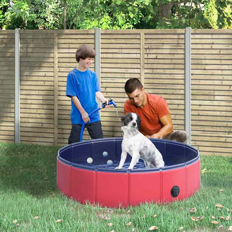 PawHut Foldable Dog Paddling Pool Pet Cat Swimming Pool Indoor/Outdoor Collapsible Summer Bathing Tub Shower Tub Puppy Washer (Φ80 × 20H cm, Red)