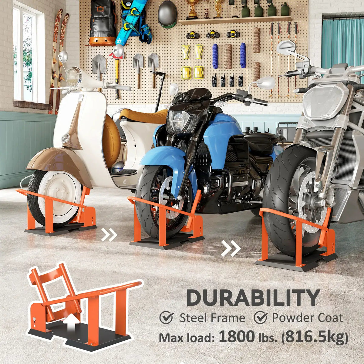 HOMCOM Motorcycle Wheel Chock, 816.5 kg Capacity Heavy Duty Steel Motorcycle Front Wheel Chock Holder with 3 Height Adjustable Holes, Fits 381-533.4 mm Wheels, Orange