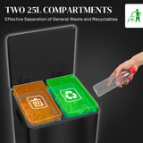 HOMCOM 50L Dual Compartment Stainless Steel Bin, with Deodoriser Holders - Black