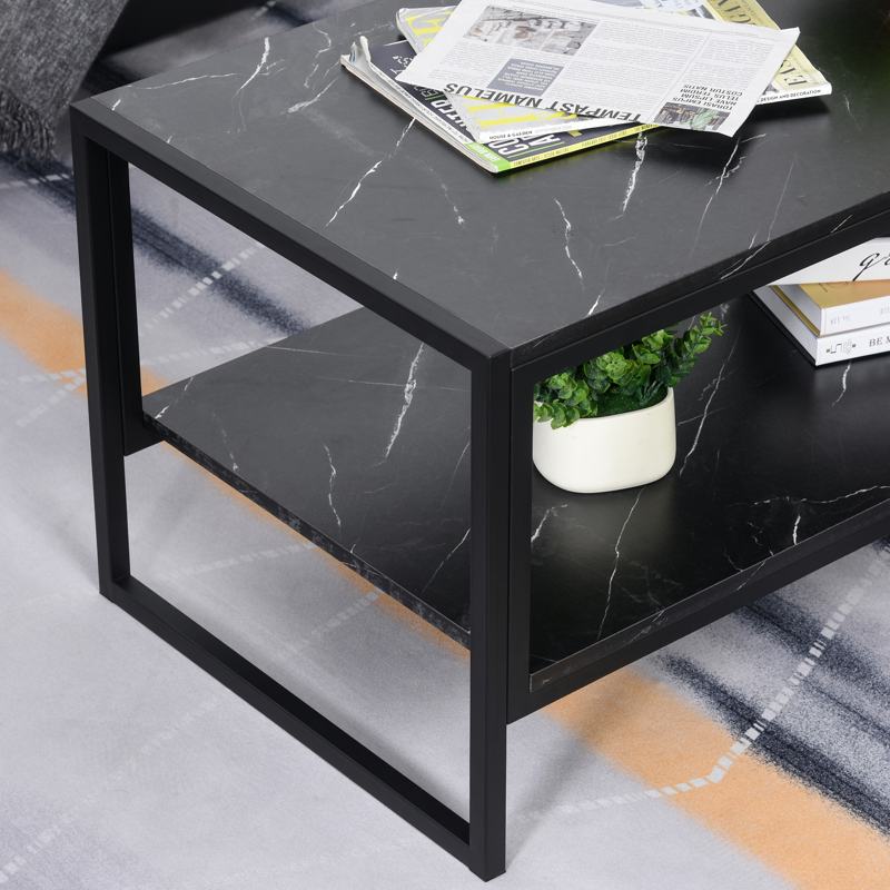 HOMCOM Coffee Table, Two-Tier Marble Centre Table with Metal Frame and Storage Shelf for Living Room, 106 x 50 x 45cm, Black