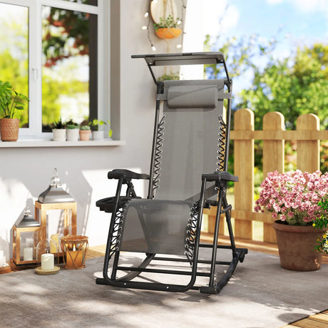 Outsunny Garden Rocking Chair Folding Recliner Outdoor Adjustable Sun Lounger Rocker Zero-Gravity Seat with Headrest Side Holder Patio Deck - Grey