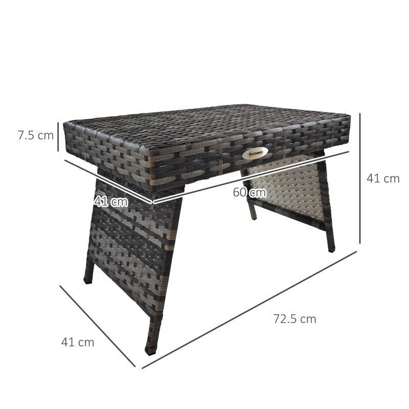 Outsunny Foldable Outdoor Coffee Table, Steel Frame Rattan Side Table, Coffee Table Side Table for Garden, Mixed Grey