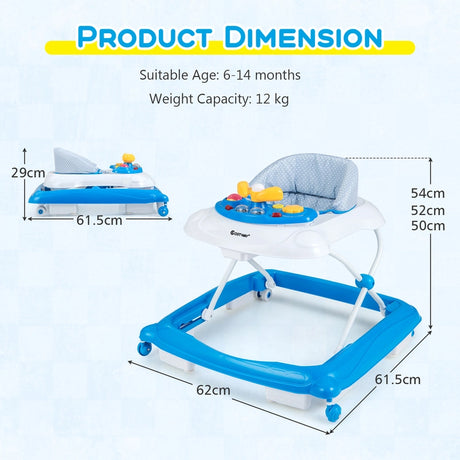 Foldable Baby Walker with 3 Adjustable Heights and Padded Seat-Blue