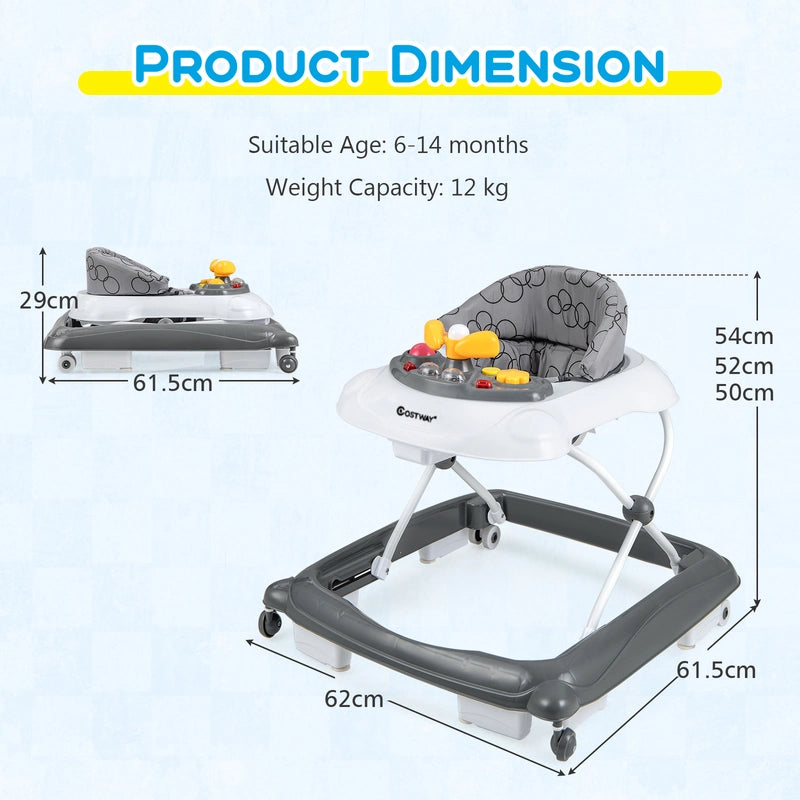 Foldable Baby Walker with 3 Adjustable Heights and Padded Seat-Gray