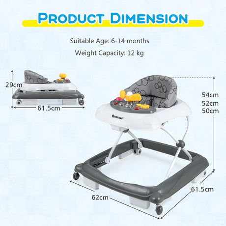 Foldable Baby Walker with 3 Adjustable Heights and Padded Seat-Gray