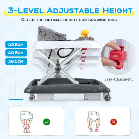 Foldable Baby Walker with 3 Adjustable Heights and Padded Seat-Gray