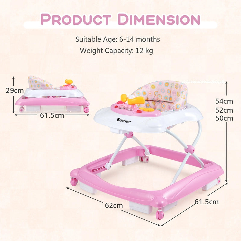Foldable Baby Walker with 3 Adjustable Heights and Padded Seat-Pink
