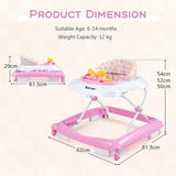 Foldable Baby Walker with 3 Adjustable Heights and Padded Seat-Pink
