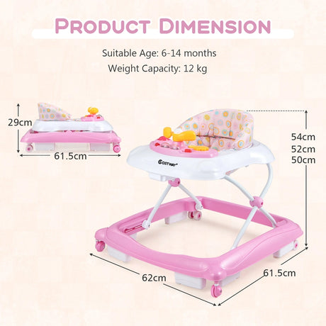 Foldable Baby Walker with 3 Adjustable Heights and Padded Seat-Pink