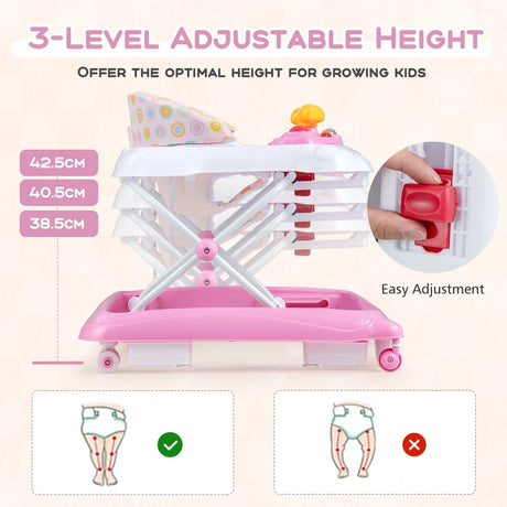 Foldable Baby Walker with 3 Adjustable Heights and Padded Seat-Pink