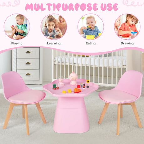 Wooden Kids Activity Table and Chairs Set with Padded Seat-Pink