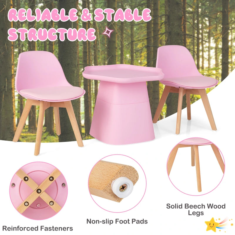 Wooden Kids Activity Table and Chairs Set with Padded Seat-Pink