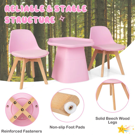 Wooden Kids Activity Table and Chairs Set with Padded Seat-Pink