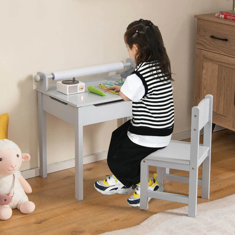Wooden Kids Table and Chair Set with Storage and Paper Roll Holder-Gray