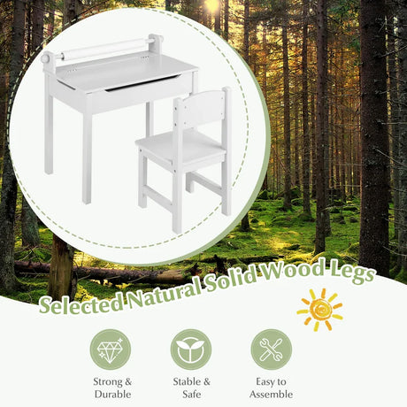 Wooden Kids Table and Chair Set with Storage and Paper Roll Holder-Gray