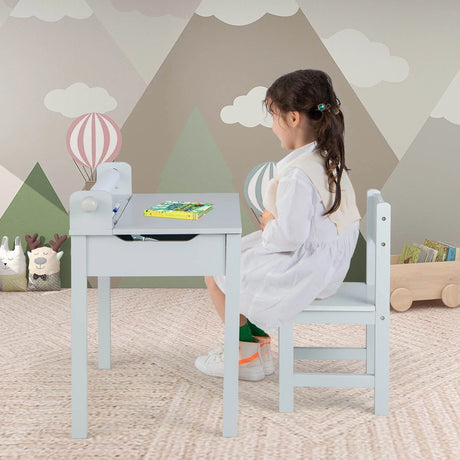 Wooden Kids Table and Chair Set with Storage and Paper Roll Holder-Gray