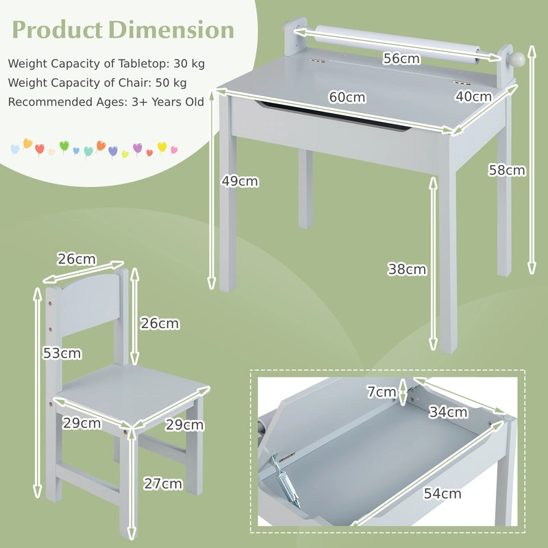 Wooden Kids Table and Chair Set with Storage and Paper Roll Holder-Gray