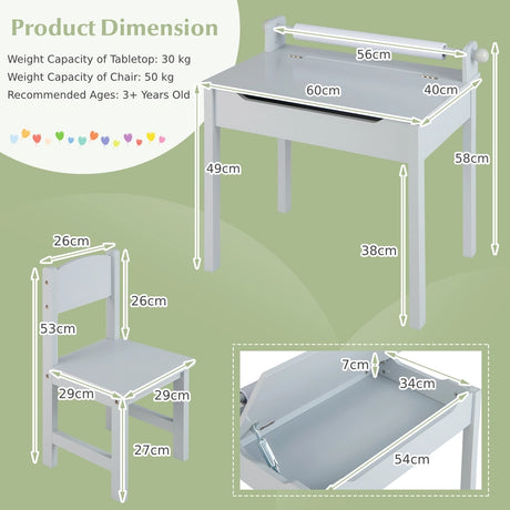 Wooden Kids Table and Chair Set with Storage and Paper Roll Holder-Gray