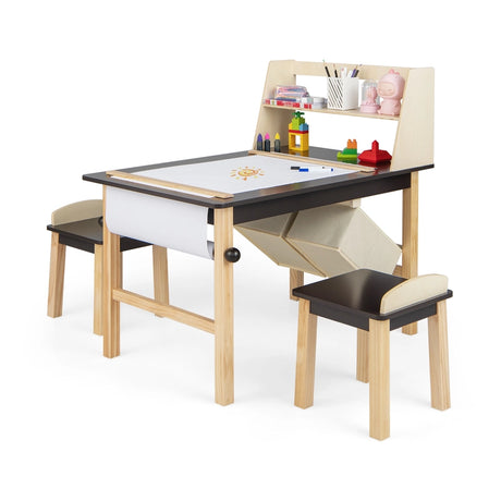 Kids Art Table and Chairs Set with Paper Roll and Storage Bins-Coffee