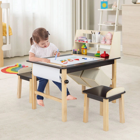 Kids Art Table and Chairs Set with Paper Roll and Storage Bins-Coffee
