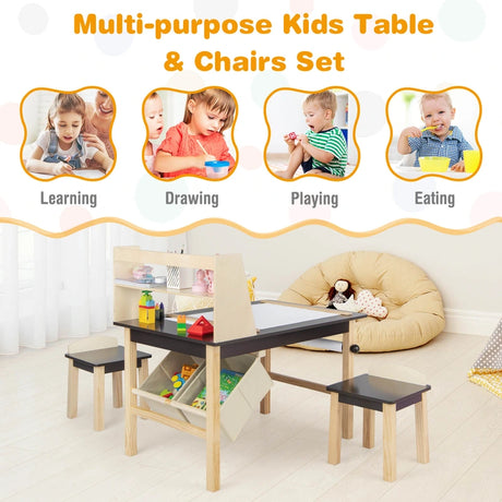 Kids Art Table and Chairs Set with Paper Roll and Storage Bins-Coffee