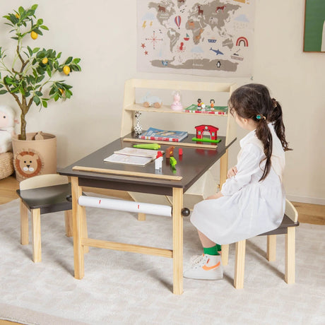 Kids Art Table and Chairs Set with Paper Roll and Storage Bins-Coffee